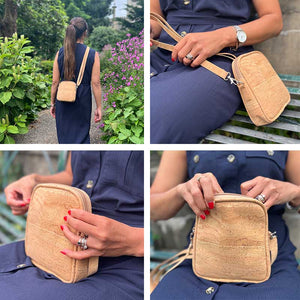 model posing with a small natural cork crossbody bag