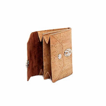 Load image into Gallery viewer, Natural cork purse with a vintage style lock open showing three compartments