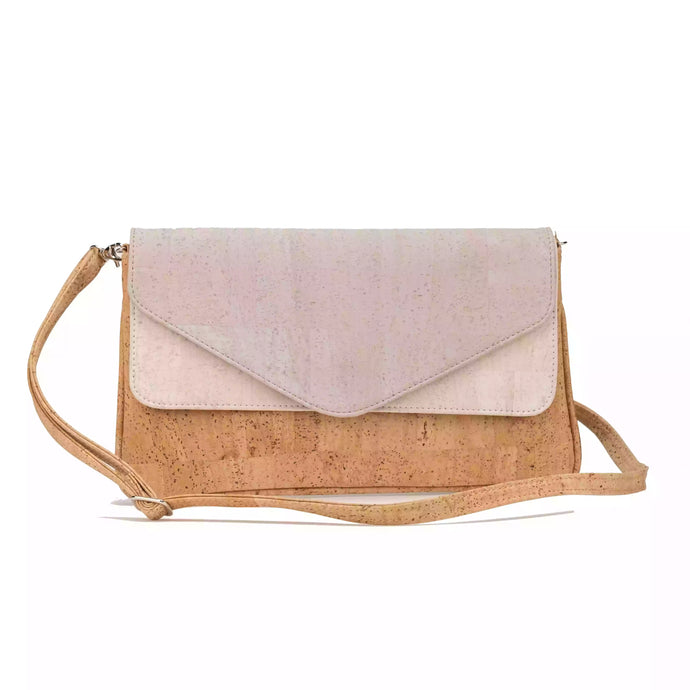 Small Cork Messenger Shoulder Bag with a Double flap in white, grey and natural cork, front view