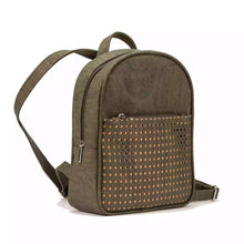 Load image into Gallery viewer, Olive Green Cork Backpack with Laser-Cut Front Pocket, side view with zipper pocket and laser cut design on the front pocket
