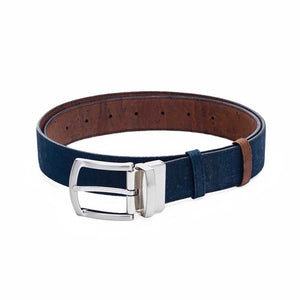 Reversible cork belt in brown or blue cork showing the blue side