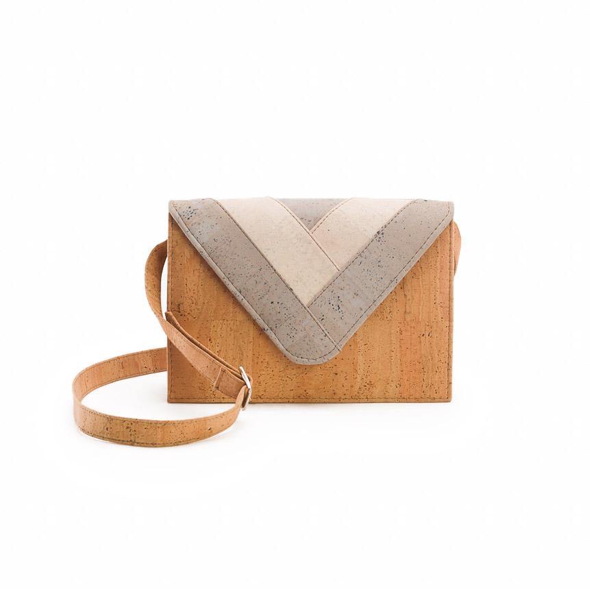 Natural cork cross-body bag with geometric motif in white and grey - front view