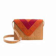 Load image into Gallery viewer, Natural cork cross-body bag with geometric motif in red and orange - front view