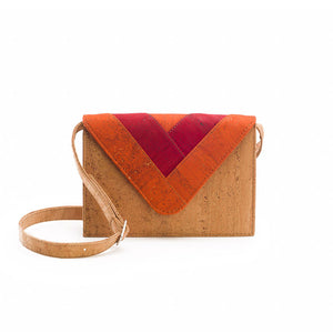 Natural cork cross-body bag with geometric motif in red and orange - front view