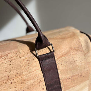 Cork travel duffel bag handle detail