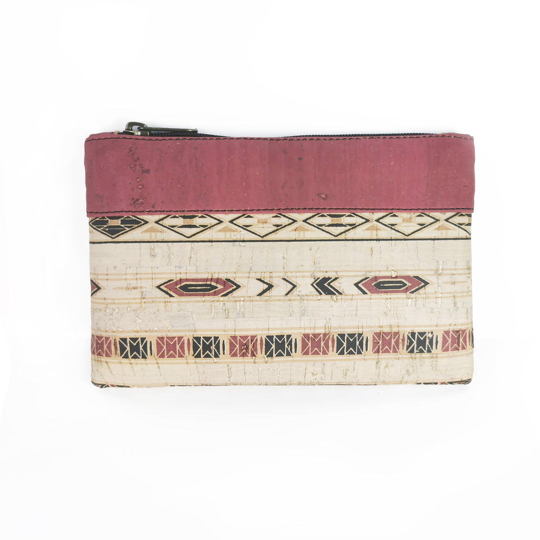 Plum and cream-tinted cork leather with a ethnic pattern