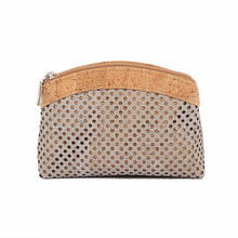 Load image into Gallery viewer, Large cork purse with polka dot laser cuts in grey and natural cork