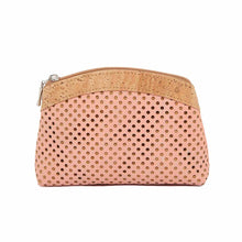 Load image into Gallery viewer, Large cork purse with polka dot laser cuts in pink and natural cork