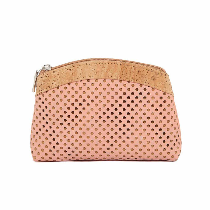 Large cork purse with polka dot laser cuts in pink and natural cork
