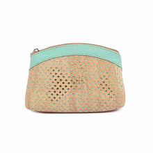 Load image into Gallery viewer, Large cork purse with polka dot laser cuts in natural and turquoise-tinted cork