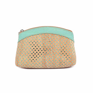 Large cork purse with polka dot laser cuts in natural and turquoise-tinted cork