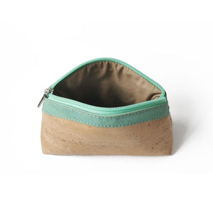 Large cork purse with zipper and laser cuts, natural and water green internal view