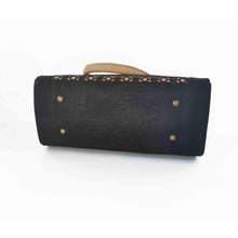 Load image into Gallery viewer, Natural and black cork fabric handbag with Portuguese tile cut-outs, bottom view