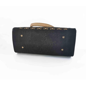 Natural and black cork fabric handbag with Portuguese tile cut-outs, bottom view