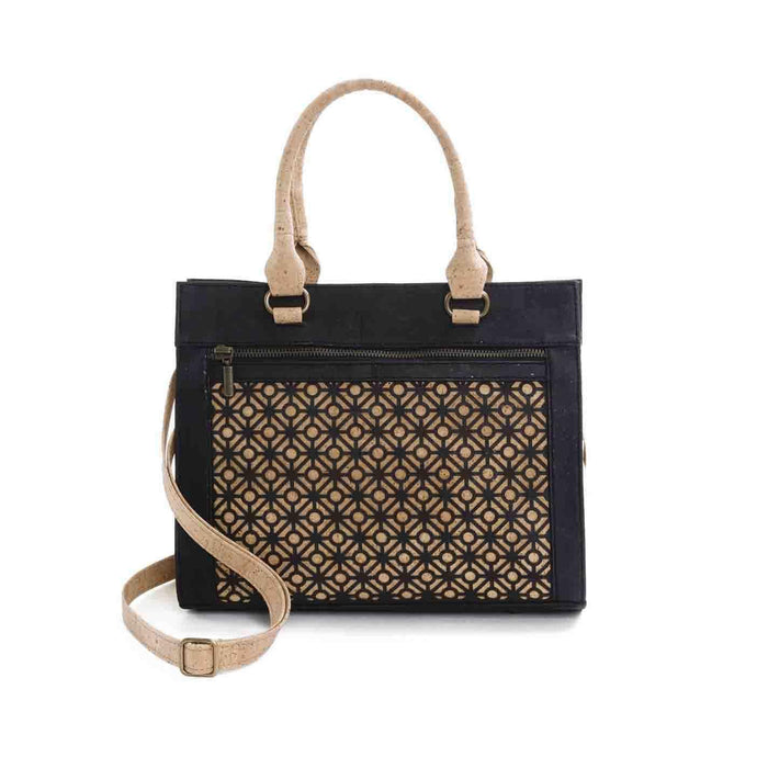 Natural and black cork fabric handbag with Portuguese tile cut-outs, front view