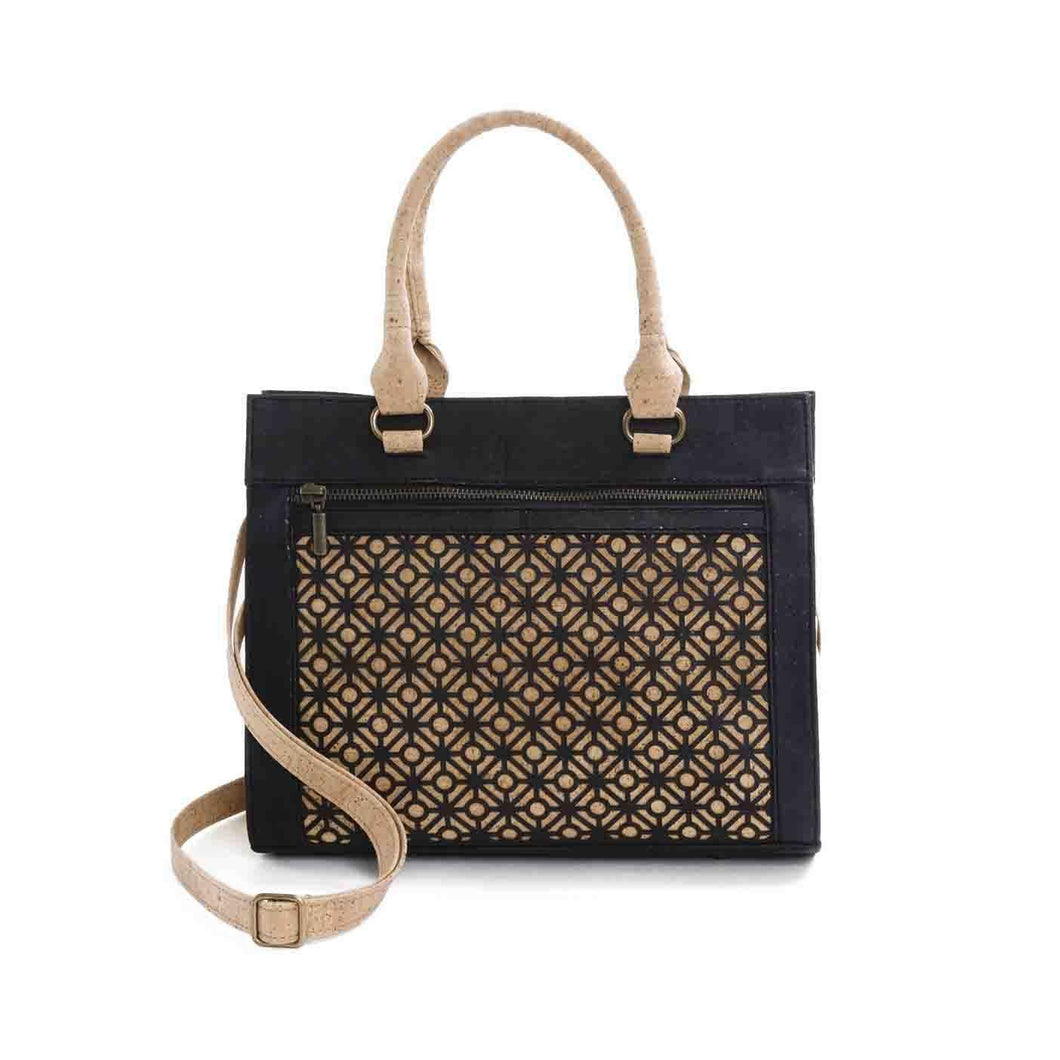 Natural and black cork fabric handbag with Portuguese tile cut-outs, front view