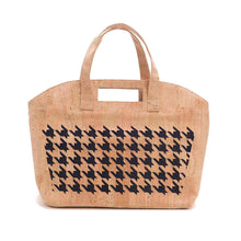 Load image into Gallery viewer, Natural and Black Large Cork Fabric Bag with Mosaic Cut-outs - front view