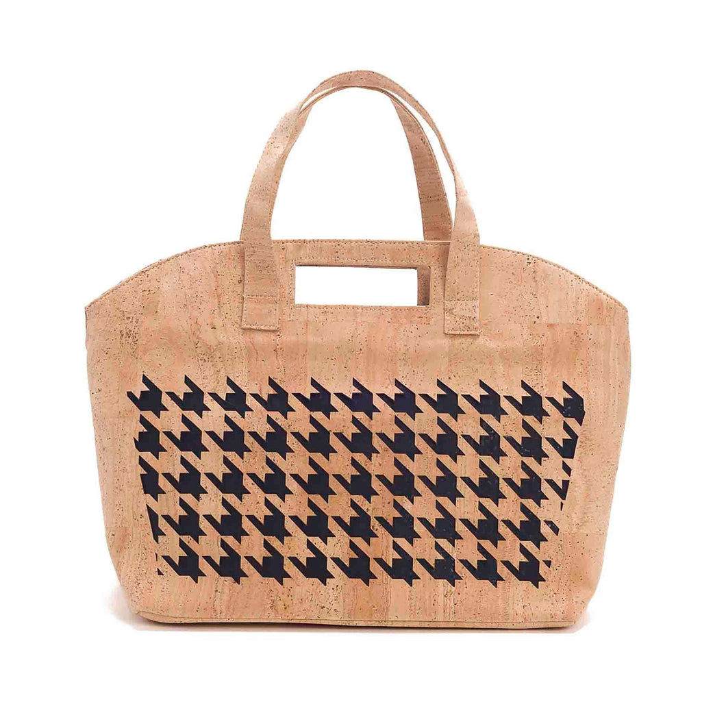 Natural and Black Large Cork Fabric Bag with Mosaic Cut-outs - front view