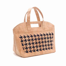 Load image into Gallery viewer, Natural and Black Large Cork Fabric Bag with Mosaic Cut-outs - side view