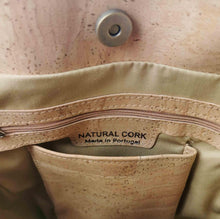 Load image into Gallery viewer, Natural and brown cork bucket bag with bow, inside view with phone compartment