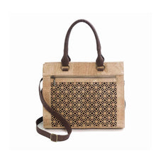 Load image into Gallery viewer, Natural and brown cork fabric handbag with Portuguese tile cut-outs, front view