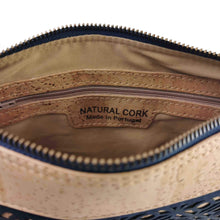 Load image into Gallery viewer, Natural and dark-blue cork fabric cross-body bag with Portuguese tile cut-outs, inside pocket detail