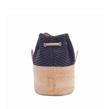 Load image into Gallery viewer, Natural cork leather and black eco-friendly fabric bucket bag with drawstring, back view