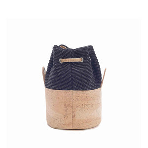 Natural cork leather and black eco-friendly fabric bucket bag with drawstring, back view