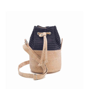 Natural cork leather and black eco-friendly fabric bucket bag with drawstring