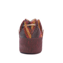 Load image into Gallery viewer, Red orange and purple vegan cork eco-friendly fabric bucket bag with drawstring black view