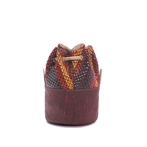 Red orange and purple vegan cork eco-friendly fabric bucket bag with drawstring black view