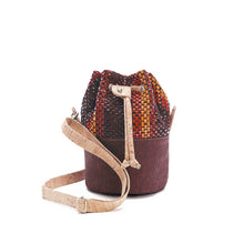 Load image into Gallery viewer, Red orange and purple vegan cork eco-friendly fabric bucket bag with drawstring front view