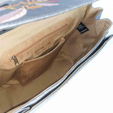 Load image into Gallery viewer, Silver blue cork fabric satchel bag with floral embroidery, inside view with phone compartment