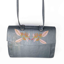 Load image into Gallery viewer, Silver blue cork fabric satchel bag with floral embroidery, front view with straps