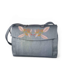 Load image into Gallery viewer, Silver blue cork fabric satchel bag with floral embroidery, front view