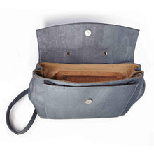 Load image into Gallery viewer, Silver blue cork fabric satchel bag with floral embroidery, open