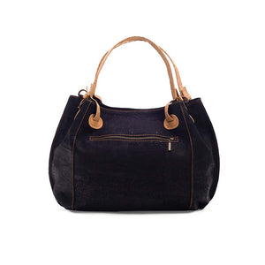 Black vegan cork leather handbag, back view