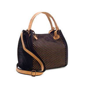 Black vegan cork leather handbag, side view
