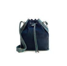 Load image into Gallery viewer, Blue-tinted cork fabric bucket bag with drawstring front