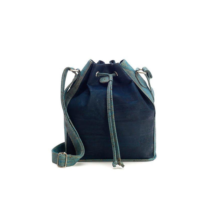 Blue-tinted cork fabric bucket bag with drawstring front
