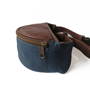 Brown and blue cork fanny pack for men, side detail
