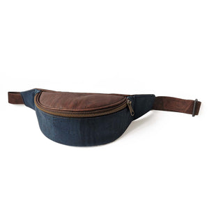 Brown and blue cork fanny pack for men, front view
