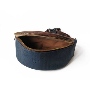 Brown and blue cork fanny pack for men, open