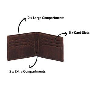 Brown cork card wallet for men, open view with info