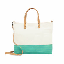 Load image into Gallery viewer, Mint-green cork and canvas tote bag with natural cork handles and strap