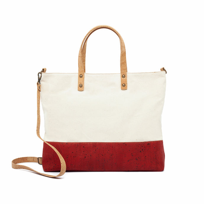 Red cork and canvas tote bag with natural cork handles and strap