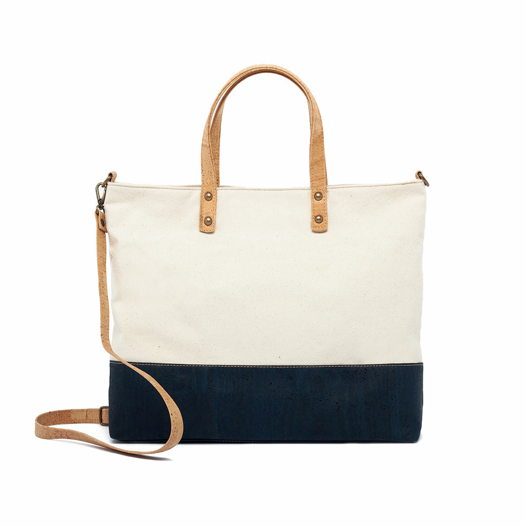 Navy-blue cork and canvas tote bag with natural cork handles and strap