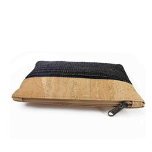 Load image into Gallery viewer, Cork and black eco-friendly fabric purse with zipper-detail