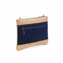 Load image into Gallery viewer, Natural and dark-blue cork fabric cross-body bag with Portuguese tile cut-outs, back view