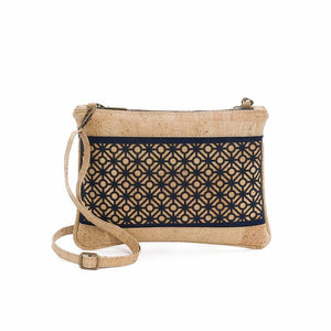 Natural and dark-blue cork fabric cross-body bag with Portuguese tile cut-outs, front view